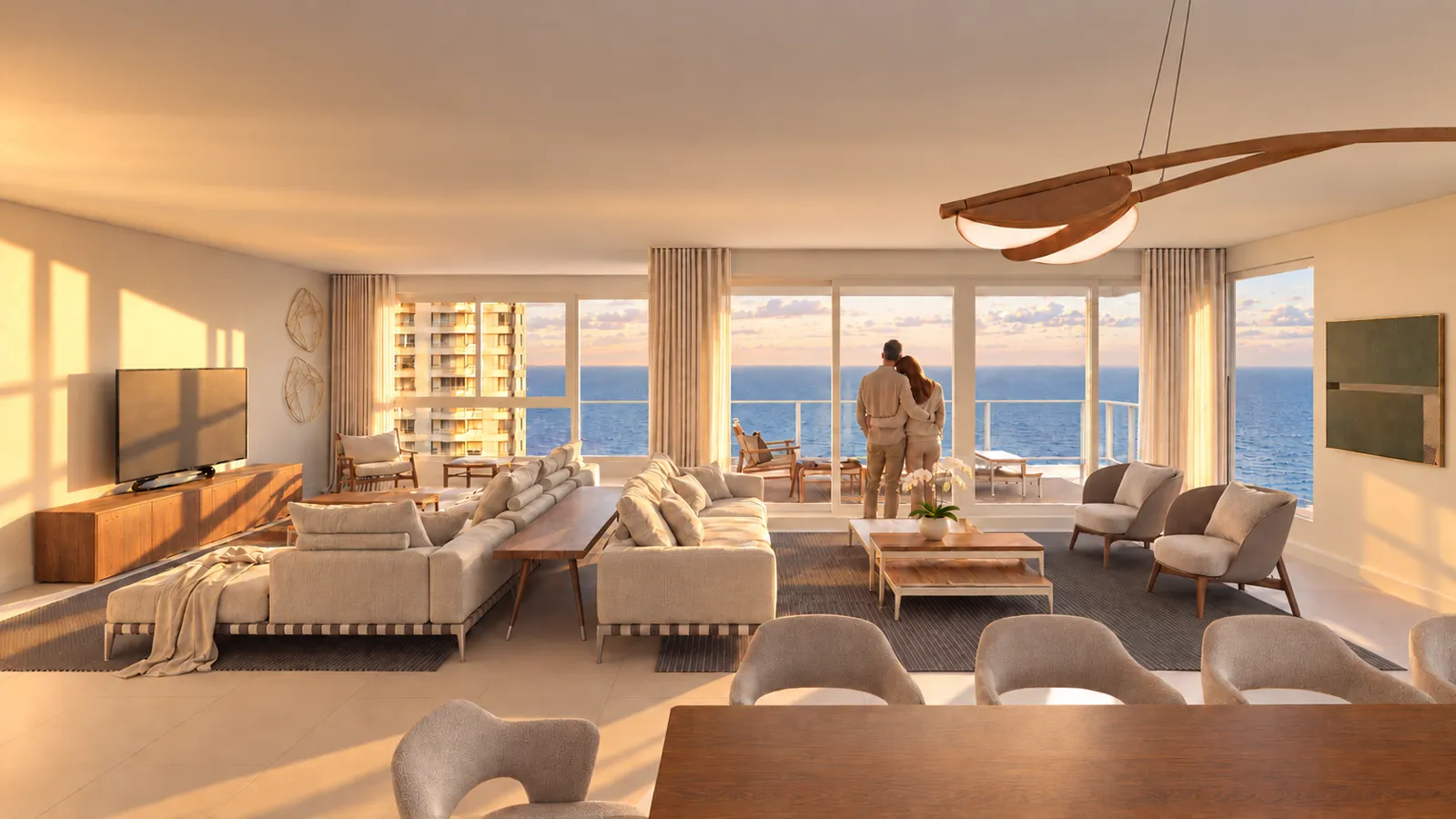 Living de un semipiso de Torre 5, con vista al mar