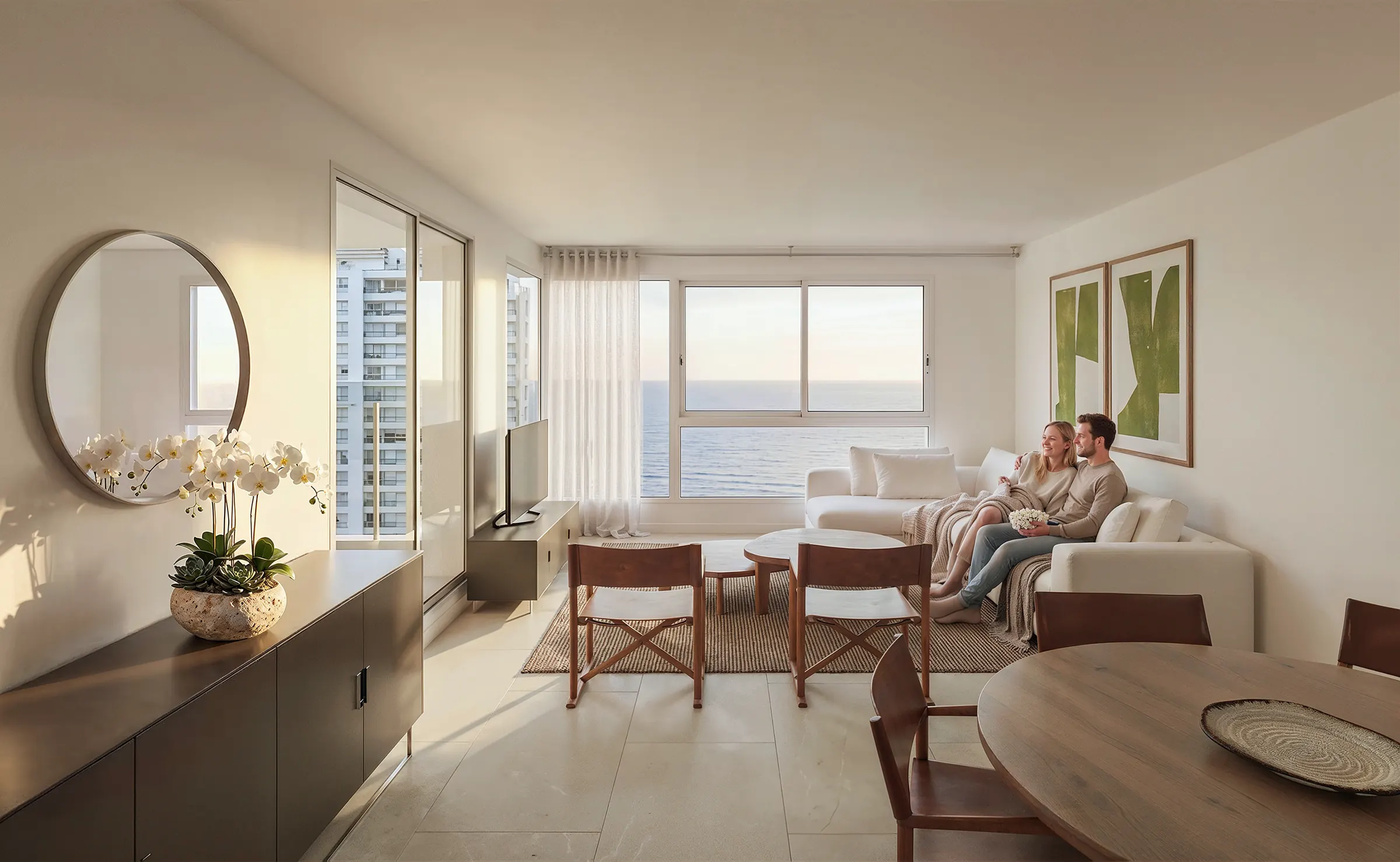 Living comedor de un apartamento de Torre 5, con vista al mar